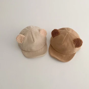 Однотонные бейсболки с медведем для новорожденных, Весенние Вельветовые кепки для мальчиков и девочек, Остроконечные кепки с ушками, милые мультяшные кепки от солнца для малышей