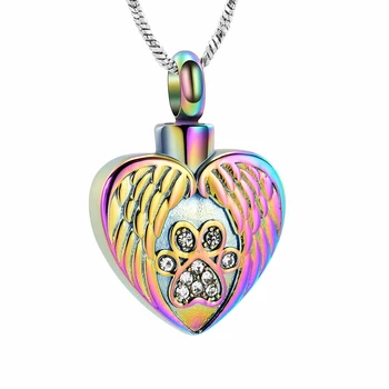 Ожерелье с урной в виде сердца с отпечатком лапы питомца для праха Собаки Кошки, подвеска-медальон в виде сердца с крыльями Ангела из нержавеющей стали