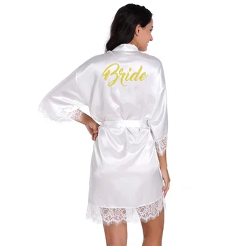 Оптовая Продажа Невеста Золотой Блеск Женщины Атласные Кимоно Халаты Кружевная ночная рубашка для подружек Невесты Халат S-XL T44