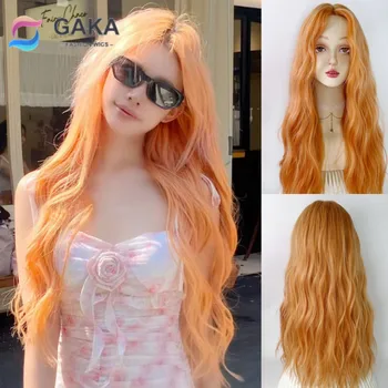 Оранжевый Длинный кудрявый синтетический парик с челкой, глубокая волна, волосы Лолиты, женская вечеринка на Хэллоуин, Повседневное Термостойкое волокно