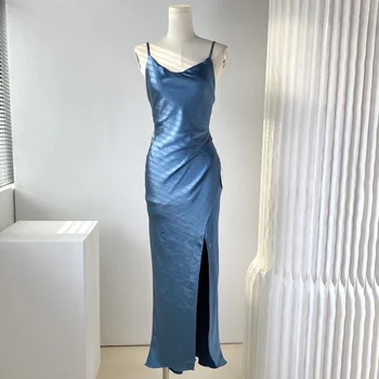 Оригинальное французское платье для внешней торговли, элегантное темпераментное платье на подтяжках, сплошной цвет, иностранный стиль, сексуальное платье с разрезом без спинки.