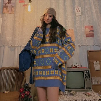 Осень-зима, женский винтажный Толстый Свободный свитер в полоску с длинными рукавами, пуловеры, топы, Женская уличная одежда с круглым вырезом, свитера Harajuku