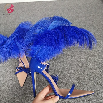 Первоначальное намерение, Элегантные синие сандалии с перьями, женские босоножки с открытым носком, Супертонкие туфли на высоком каблуке, пикантные вечерние туфли-лодочки, Женская великолепная обувь 4-15