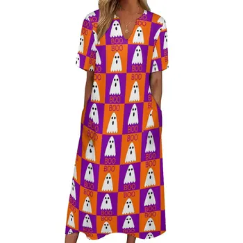 Платье с принтом на Хэллоуин Boo Ghost, элегантное макси-платье, уличная одежда, длинные платья в богемном стиле, Летняя дизайнерская одежда с V-образным вырезом, Большой размер 4XL