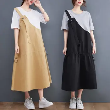 Поддельное платье на бретелях из двух частей, женское летнее платье в корейском стиле, сшитое нерегулярно, Свободное повседневное платье с коротким рукавом, Женская одежда h2038