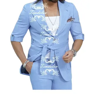 Полный комплект мужского костюма, свадебные платья, сшитые на заказ женихом, Летняя Небесно-голубая куртка с коротким рукавом, Брюки, приталенный блейзер, Брюки с поясом.