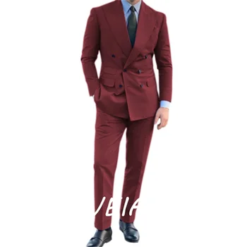 Приталенный Мужской костюм из 2 предметов 2023, Двубортный Пиджак, Комплекты брюк, Деловые Костюмы, Смокинг Жениха для Свадебной вечеринки (Блейзер + брюки)