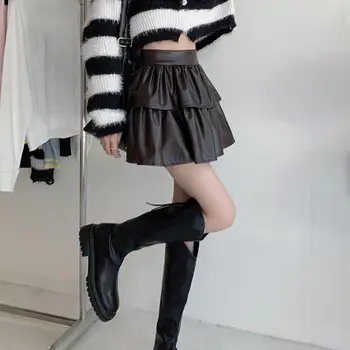 Пышная стильная юбка из искусственной кожи на весну-осень, юбка-пачка в корейском стиле, плиссированный подол, женская одежда