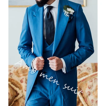 Синий Жакет Устанавливает Длинные Свадебные Полные Костюмы Для Мужчин Новейшего Дизайна Slim Fit Custome Смокинг Жениха из 3 предметов Элегантное Платье Homme Clothes