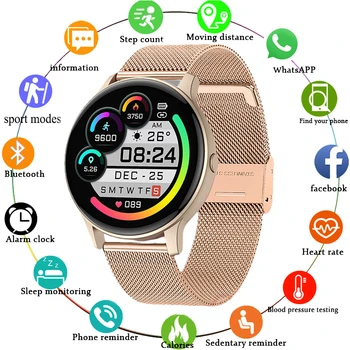 Умные часы женские водонепроницаемые умные часы женские круглые полносенсорные фитнесстрекеры Монитор артериального давления для Android IOS Смарт-часы
