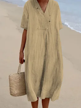Хлопчатобумажное льняное платье Винтажное повседневное с V-образным вырезом, свободная талия, пляжное платье Миди, женская одежда, однотонное платье для женщин