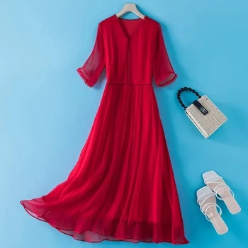 Шелковое платье из шелка тутового цвета, женское летнее платье 2023, новинка, однотонное тонкое китайское платье-фея с рукавом три четверти, трапециевидное платье-фея в китайском стиле.