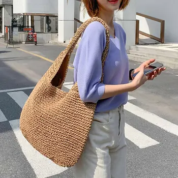 Шикарная Женская сумочка ручной работы в стиле ретро, вязаная крючком, Корейская мода 2021, вязаная тесьма, полая Черно-желтая сумка-тоут с верхней ручкой, сумка для покупок, мешок для покупок
