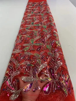 Элегантная вышивка бисером ручной работы 2023 Французский тюль Кружевная ткань для вечеринки в нигерийском стиле Роскошные блестки кружевная ткань свадебная PL246-6