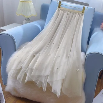 Юбки, женская сетчатая юбка с неправильным отверстием, женская весенняя новинка 2023 года, высококачественная иностранная длинная фея, повседневная однотонная юбка, одежда