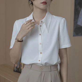 однотонные офисные женские шифоновые рубашки 2023, весна-лето, женская блузка с коротким рукавом, Новые элегантные топы blusa mujer