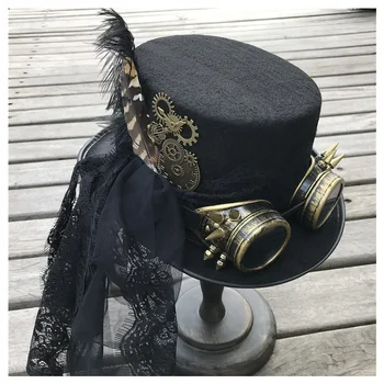 2019 Модный женский цилиндр в стиле стимпанк ручной работы с шестеренчатыми очками и кружевом, Волшебная шляпа для сцены, шляпа для вечеринки, Размер 57 см, шляпа в стиле стимпанк
