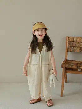 2023 Летний Детский комбинезон в корейском стиле из хлопка и конопли, Новый дизайн, Красивые карманы, Без рукавов, Японский стиль