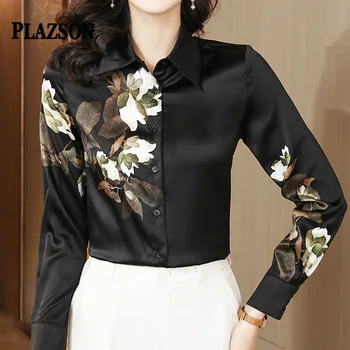 PLAZSON Blusas Para Mujer, Шикарная блузка в Корейском стиле, Винтажная Черная рубашка с Китайским принтом, Женские топы, Свободные повседневные женские топы.