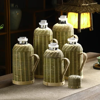 Бутылка для воды в китайском стиле, бамбуковое плетение ручной работы, Традиционный пробковый термос, Офисный термос для воды, стеклянный внутренний пузырь