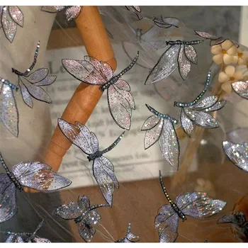 Вышитая блестками бабочка в виде стрекозы, Кружевная сетчатая ткань для пошива женской одежды, Платье с вышивкой