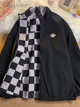 Двусторонняя куртка Gmiixder в шахматную клетку, мужской Корейский тренд, свободный топ, Опрятная весенняя красивая университетская куртка, унисекс, пальто на молнии в стиле панк
