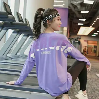Женская футболка для йоги осенне-зимнего размера с длинными рукавами и буквенным принтом, свободная одежда для занятий фитнесом, бегом, спортом, дышащий топ