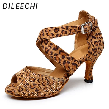 Женские туфли для латиноамериканских танцев DILEECHI Diamond из матового материала с леопардовым принтом для сальсы и бальных танцев 7,5 см