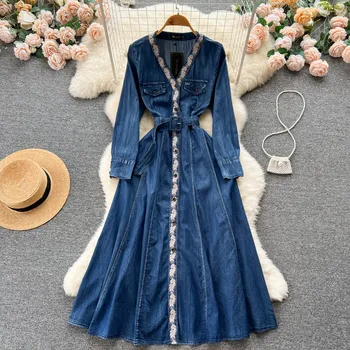 Женское весенне-осеннее синее джинсовое платье с вышивкой и длинным рукавом, женское шикарное вечернее платье трапециевидной формы с высокой талией TB1374