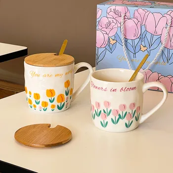 Креативная Керамическая Кружка с крышкой и ложкой, Кофейная чашка, Винтажные Домашние Чашки для завтрака, Высококачественная Стеклянная посуда для напитков, Эстетические подарки