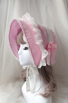 Милая женская шляпка в стиле Лолиты, Винтажные Викторианские шляпы, хлопковое кружево, Розовые Аксессуары для косплея