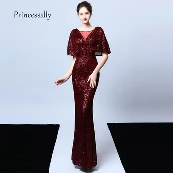 Новые вечерние платья с блестками бордового цвета с длинными рукавами 
