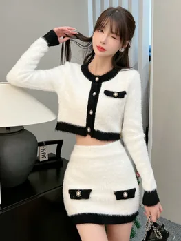 Новый Корейский модный вязаный комплект из двух предметов Для женщин, кардиган с длинным рукавом, укороченный топ + облегающая юбка, Весенние повседневные костюмы из 2 предметов